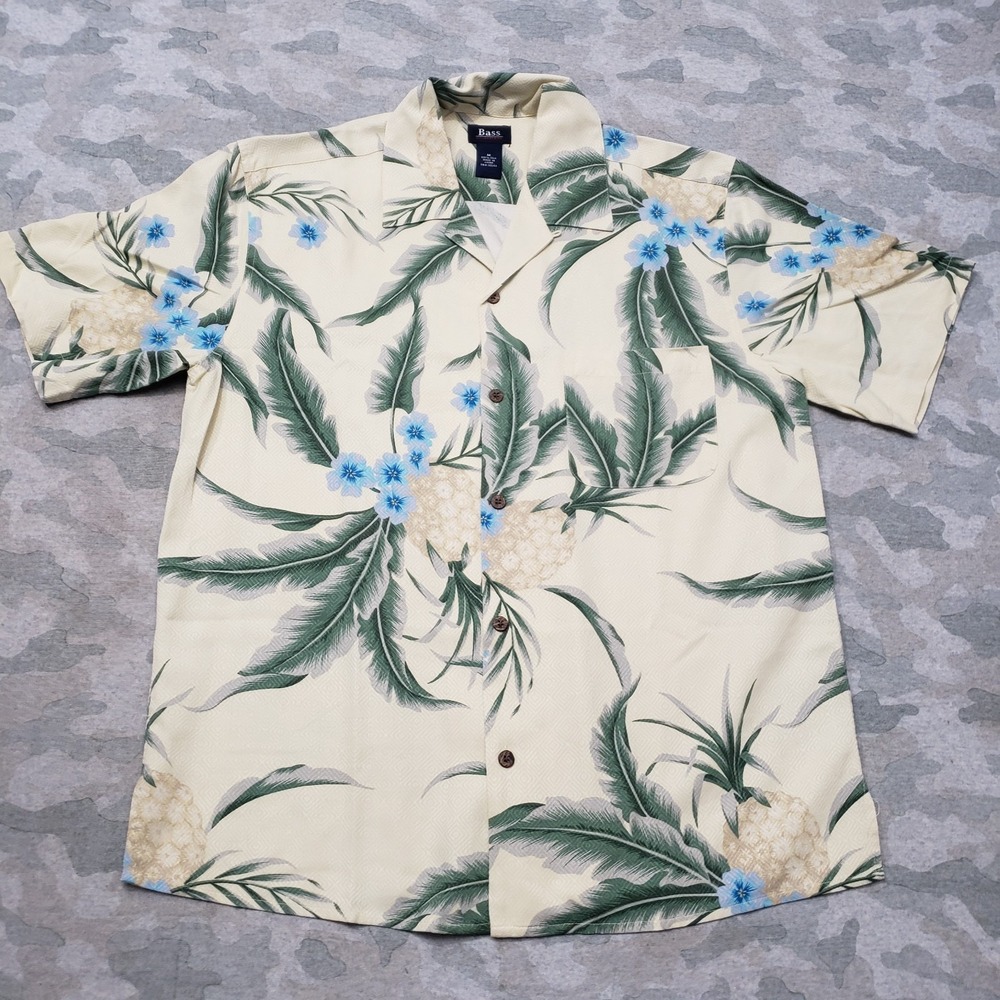 G.H. Bass & Co. Shirt‎ Mens Medium Yellow Silk Pineapple Short Sleeve Button-Up